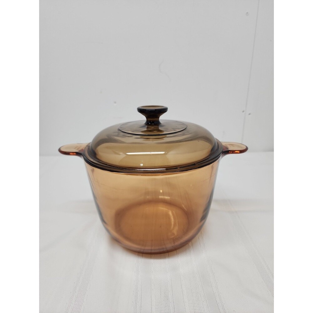 Vintage Corning Visions 3.5 L Stockpot W Lid Amber Glass 1980's Made In France
